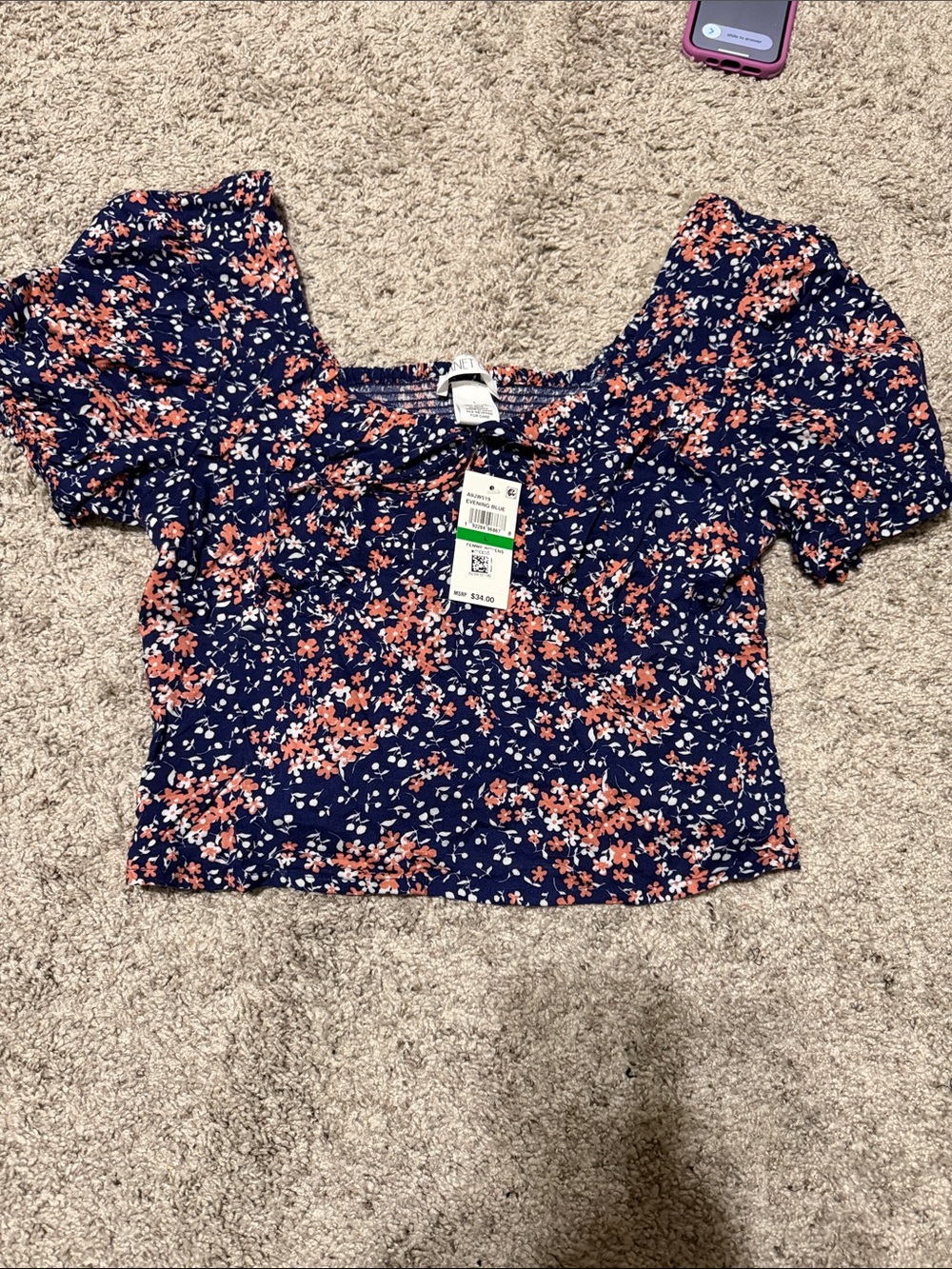 Navy Floral Puff-Sleeve Crop Top